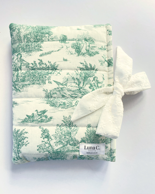 Green Toile de Jouy Book Sleeve with White Broderie Anglaise Ribbon Tie