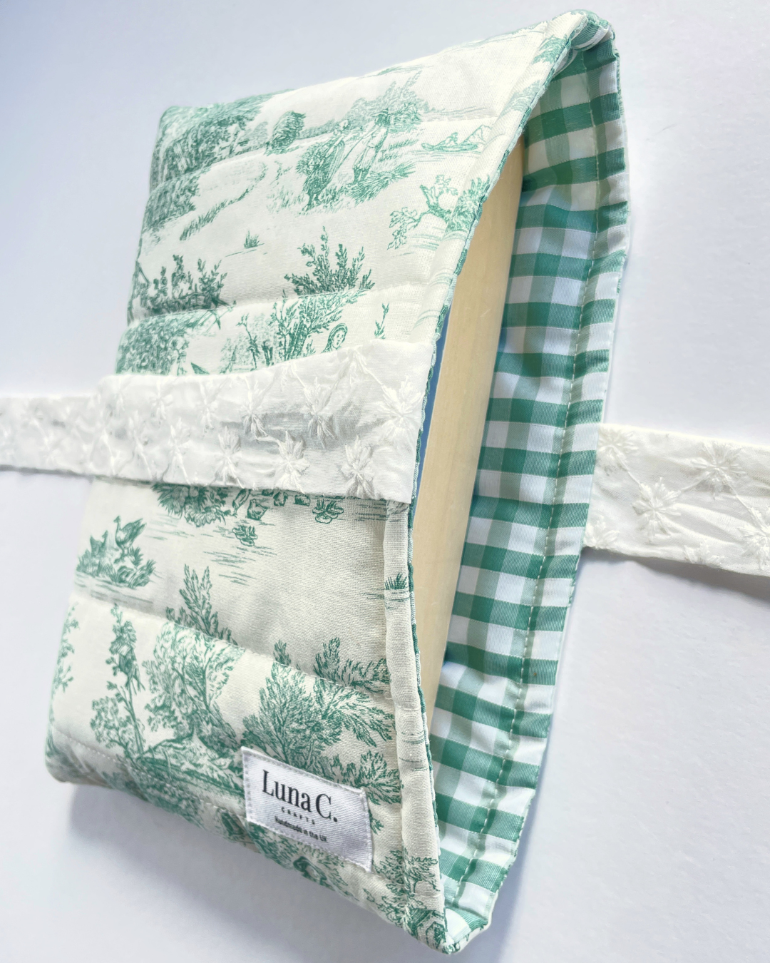 Green Toile de Jouy Book Sleeve with White Broderie Anglaise Ribbon Tie