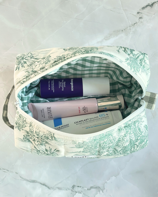 Green Toile de Jouy Travel Makeup Bag