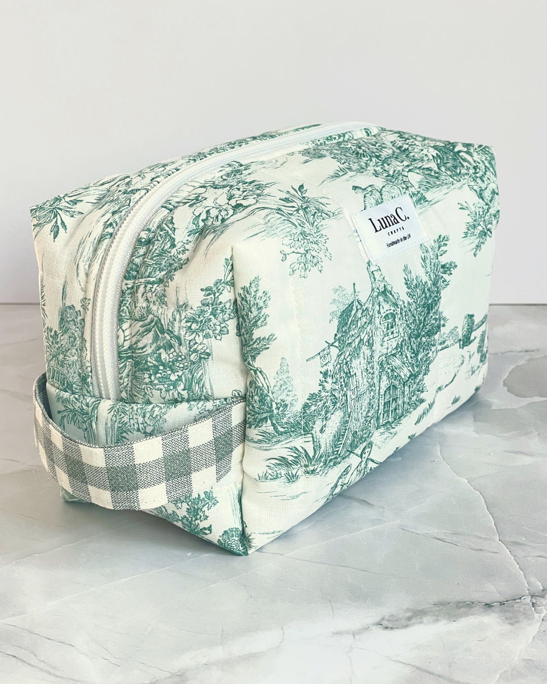 Green Toile de Jouy Travel Makeup Bag