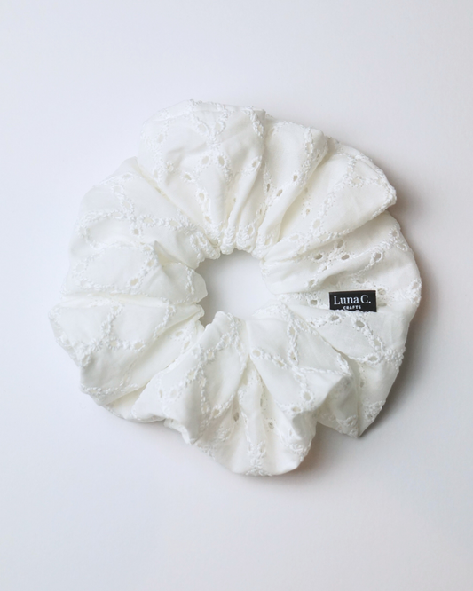 Classic Natural White Cotton Broderie Anglaise Oversized Scrunchie