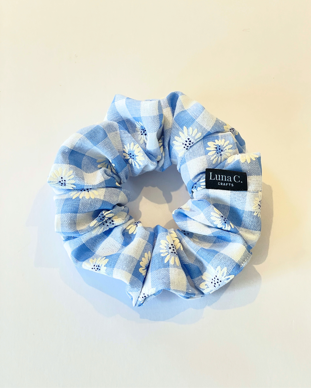 Light Blue and White Gingham with Daisy Florals Regular-size Scrunchie