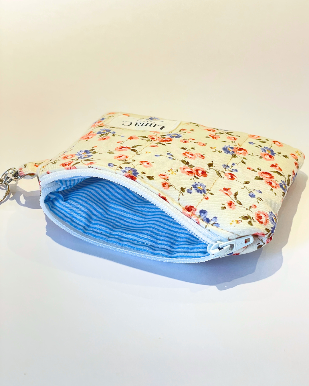 Light Cream with Pink Florals Quilted Keychain Wallet