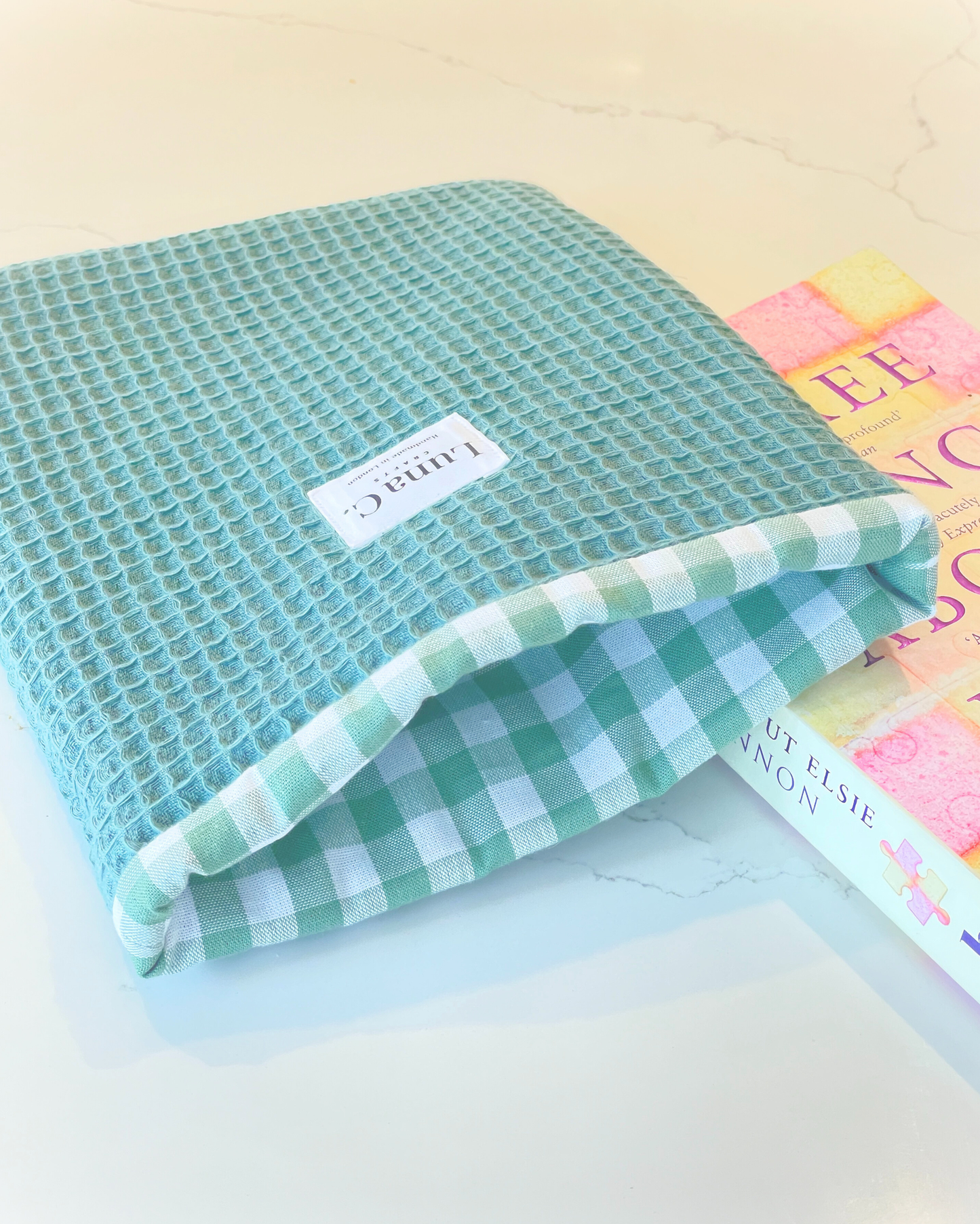 Light Green Waffle Fabric Gingham Slip On Book Sleeve