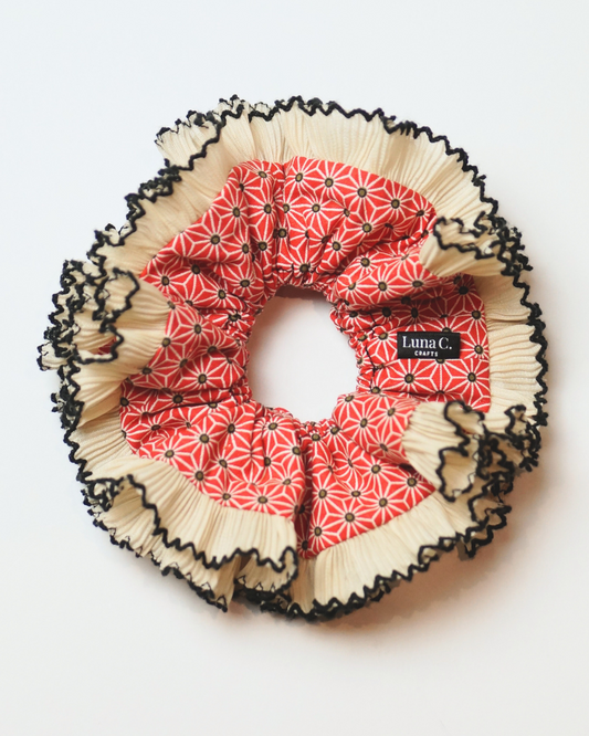 FLOWER by Luna C. Double Layer Beige Ruffles in Red Asanoha Scrunchie