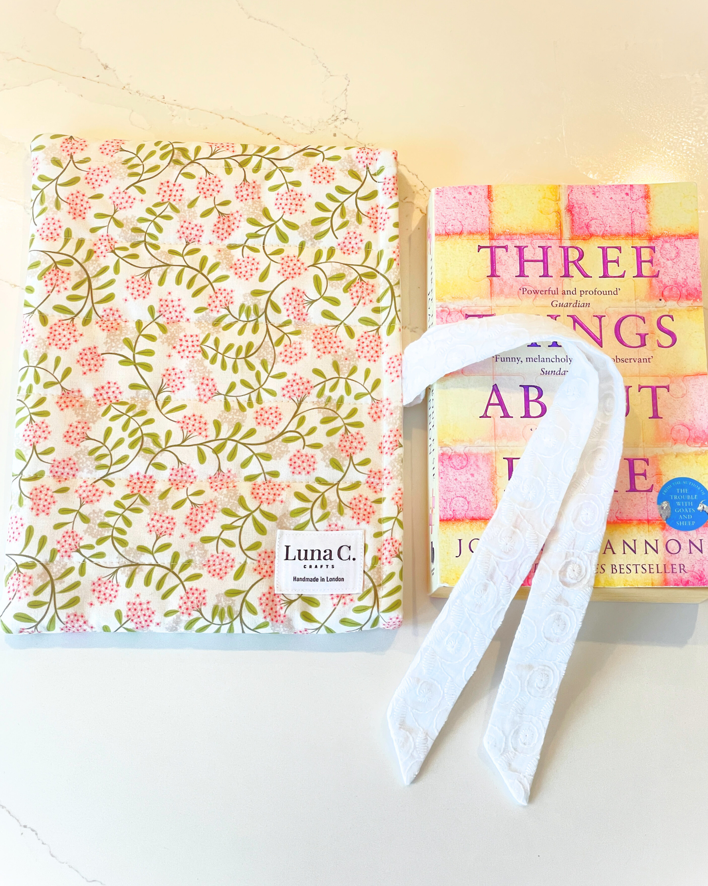 Pink Floral Green Leaves Ribbon Tied Book Sleeve