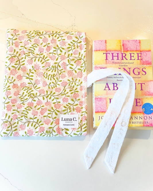 Pink Floral Green Leaves Ribbon Tied Book Sleeve