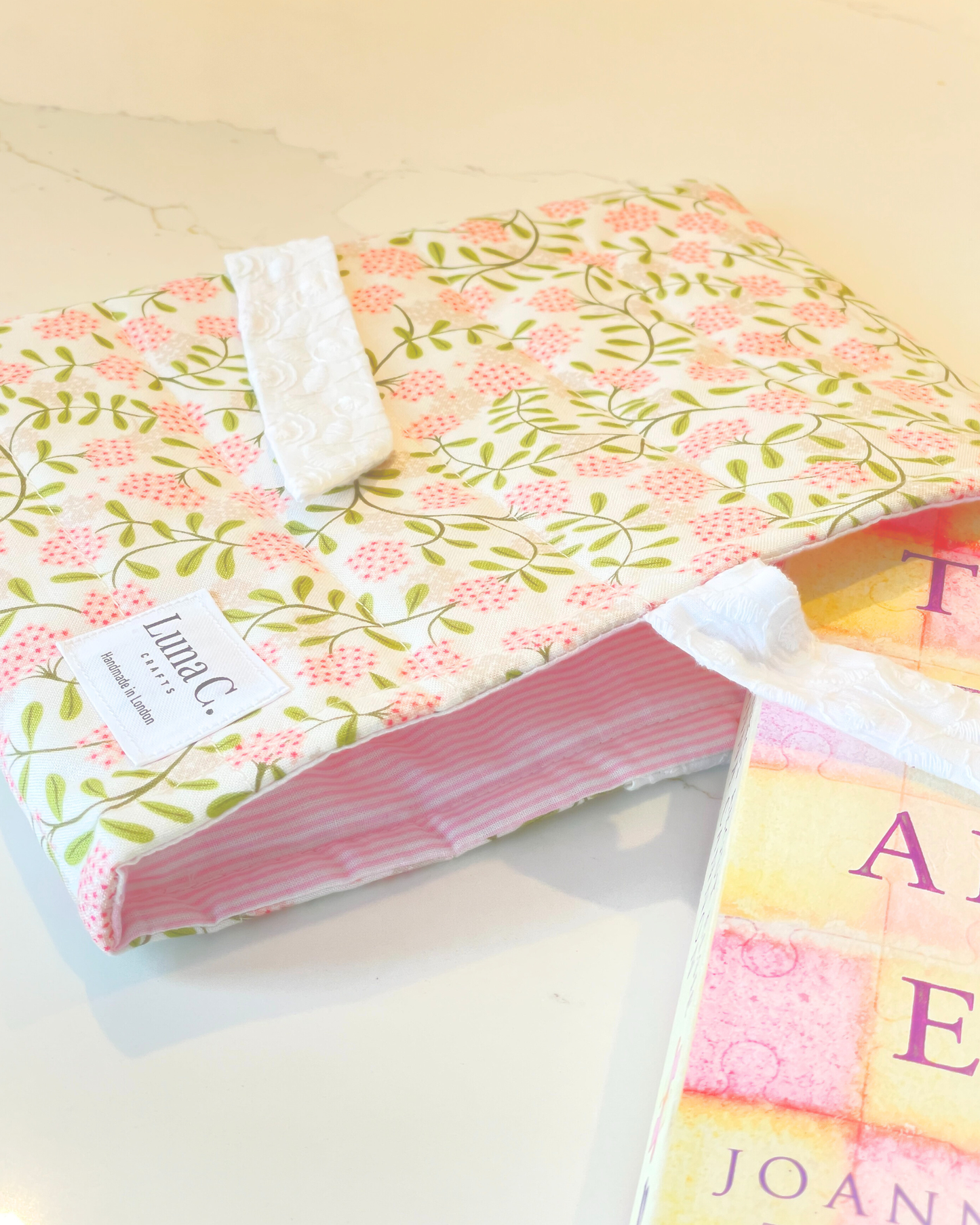 Pink Floral Green Leaves Ribbon Tied Book Sleeve