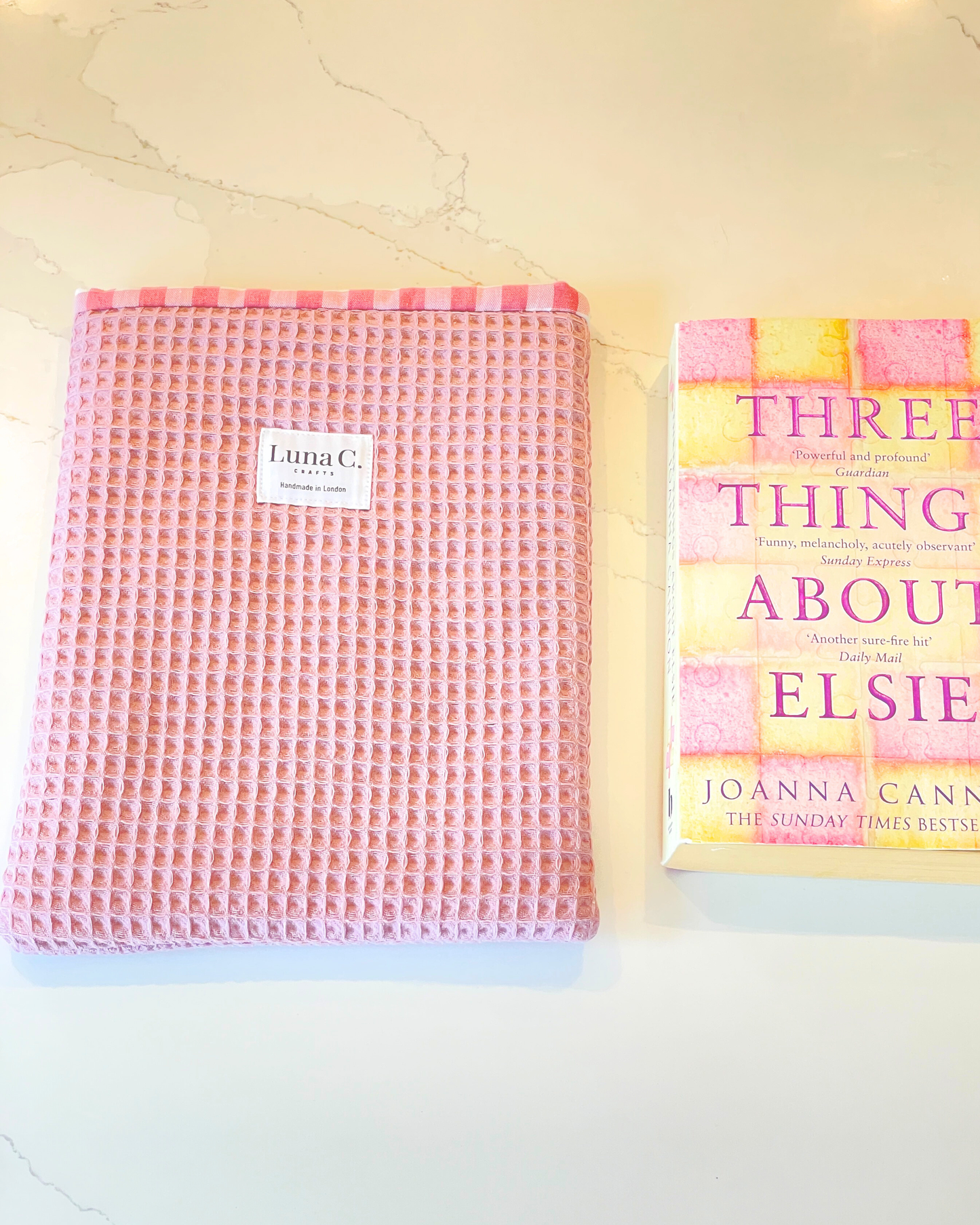 Pink Waffle Fabric Gingham Slip On Book Sleeve