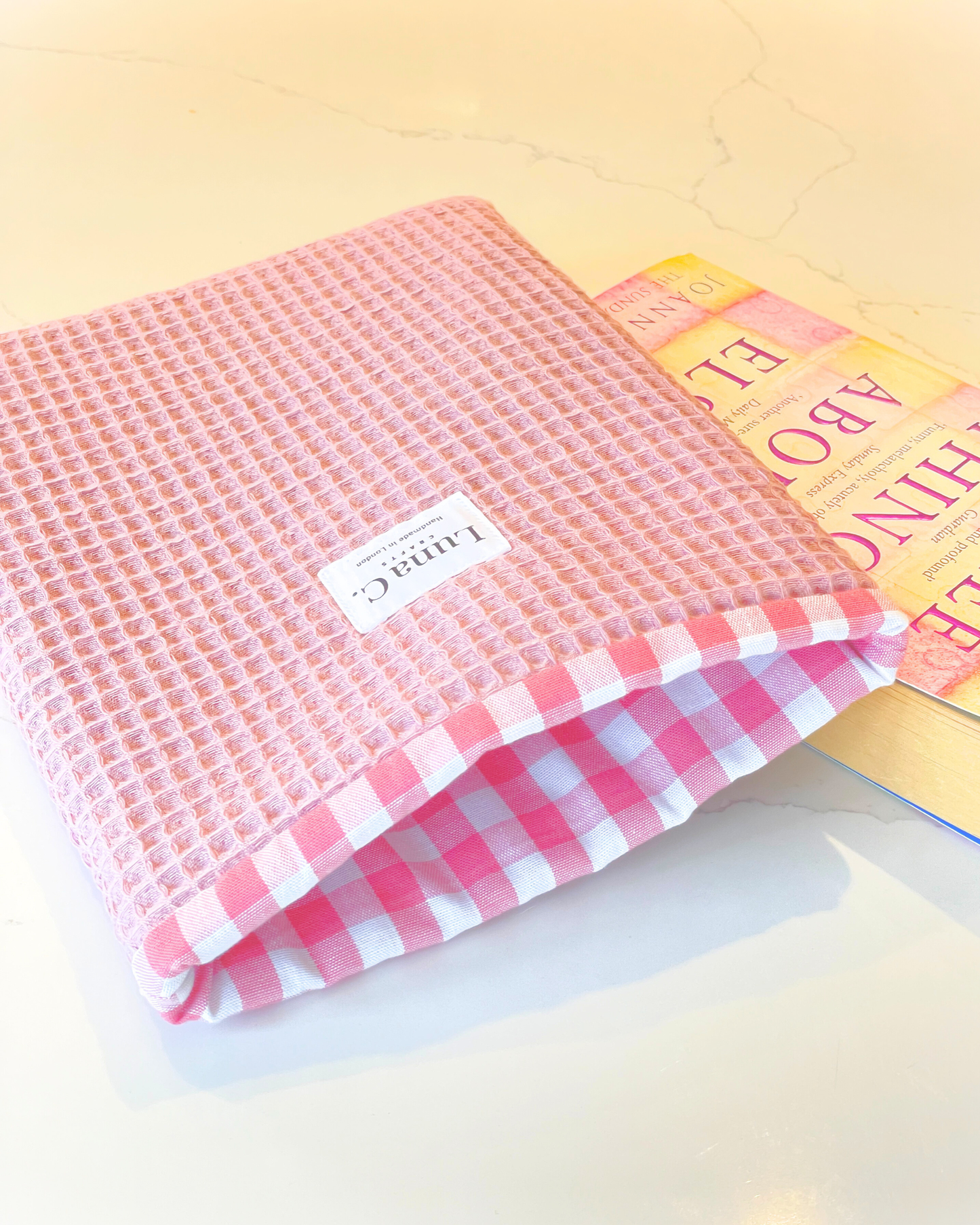 Pink Waffle Fabric Gingham Slip On Book Sleeve