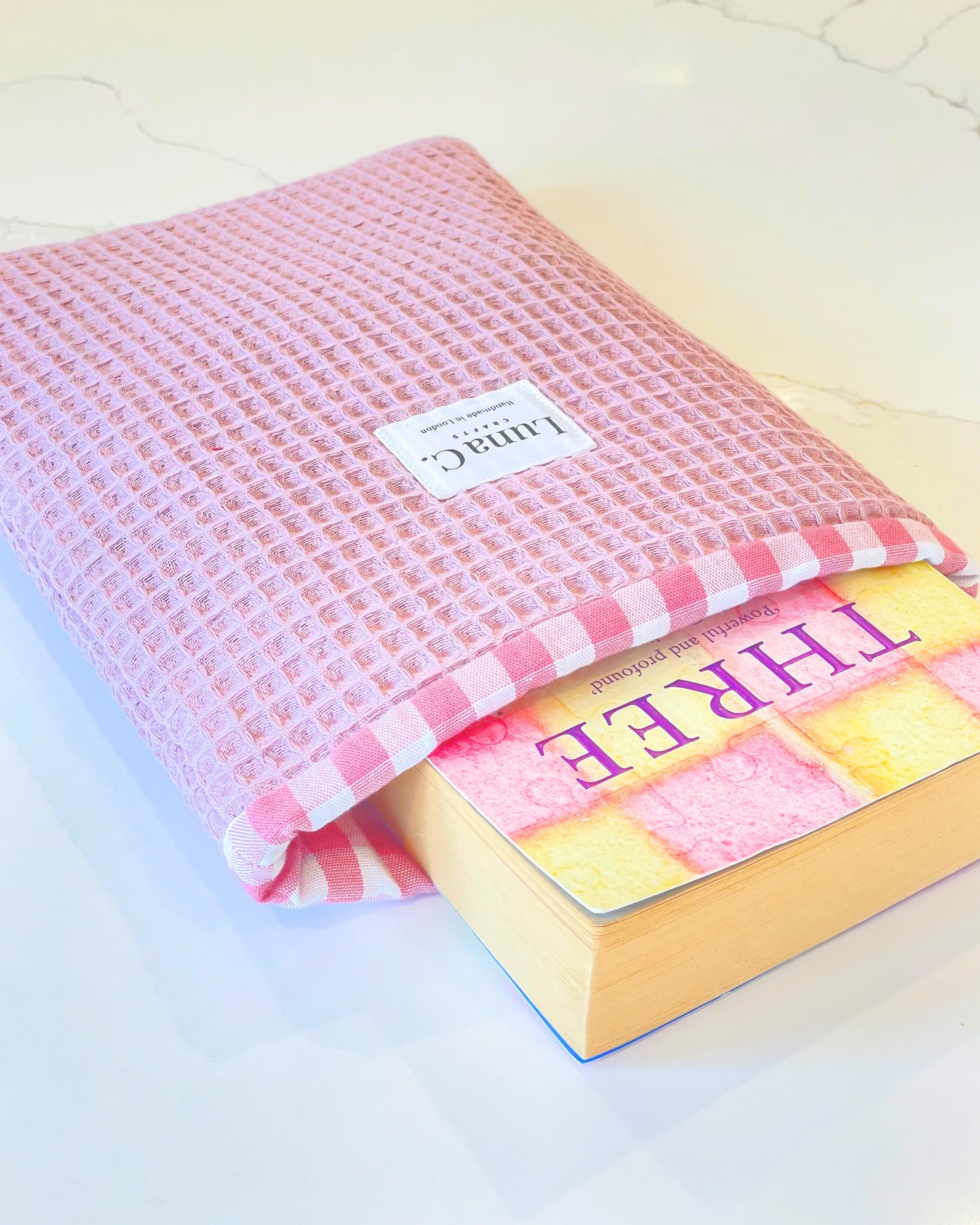 Pink Waffle Fabric Gingham Slip On Book Sleeve