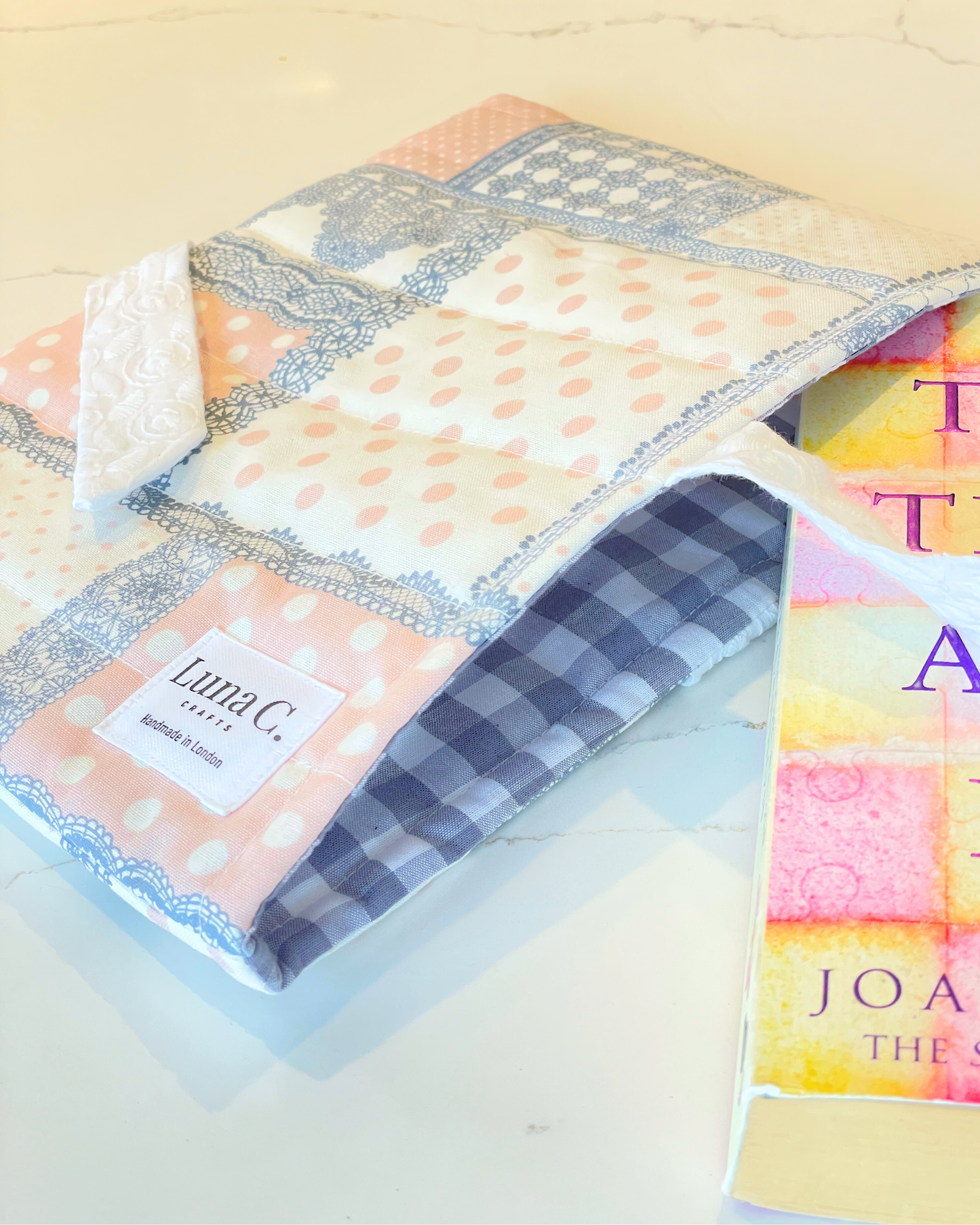 Pink and Grey Patchwork Pattern Ribbon Tied Book Sleeve