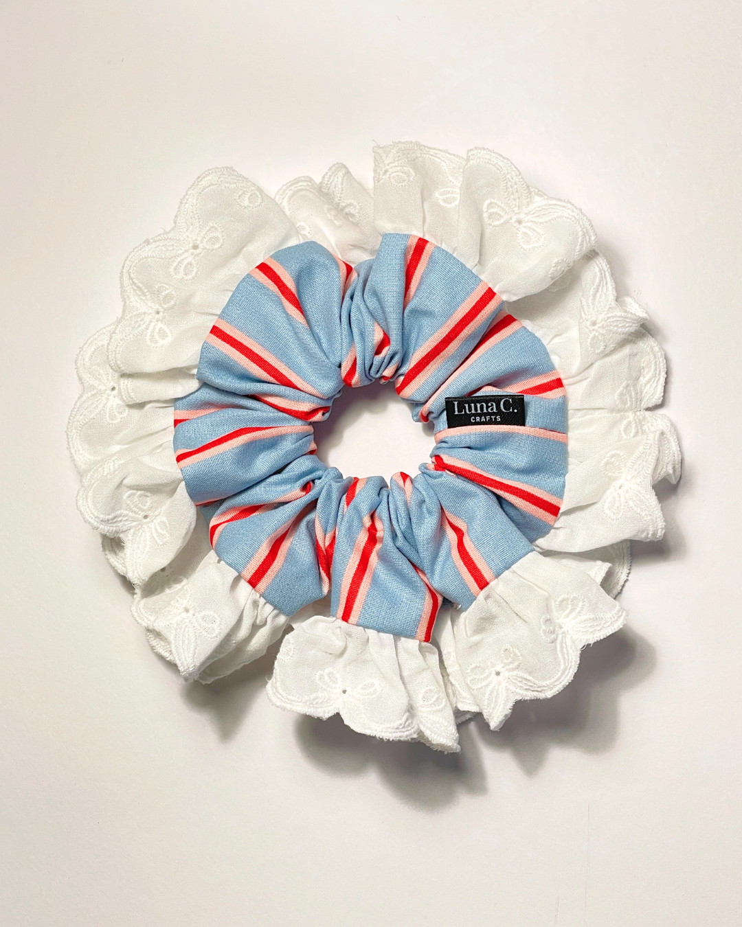 Sky Blue Red Stripes White Lace-like Single-Layer Ruffled Scrunchie