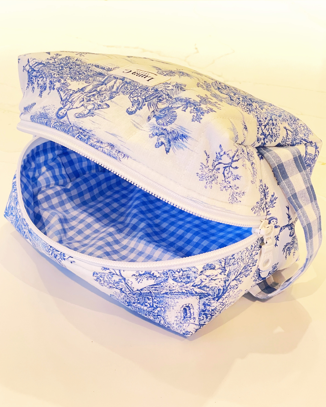 Makeup Bag in Toile de Jouy Blue - Large Size