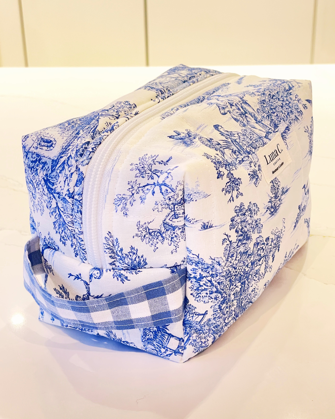 Makeup Bag in Toile de Jouy Blue - Large Size