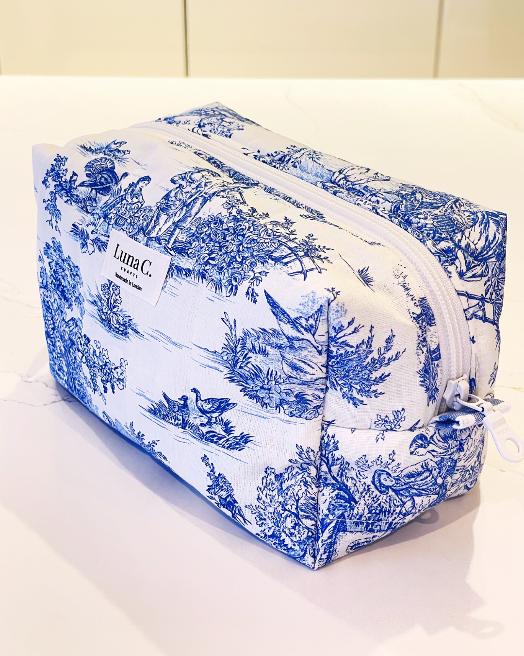 Makeup Bag in Toile de Jouy Blue - Large Size