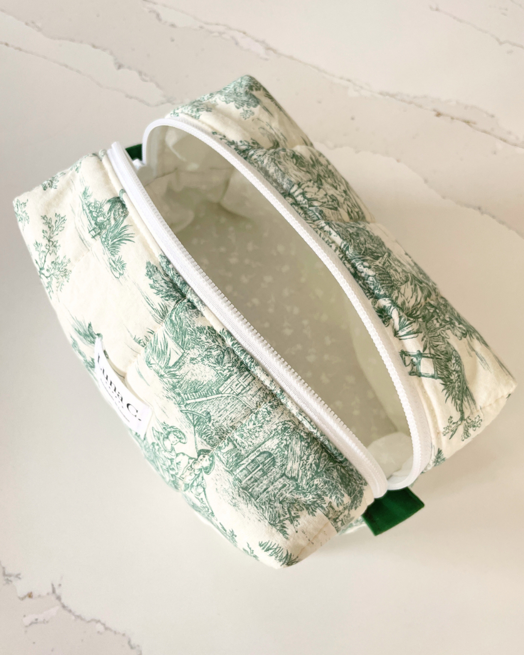 Makeup Bag in Toile de Jouy Green - Large Size