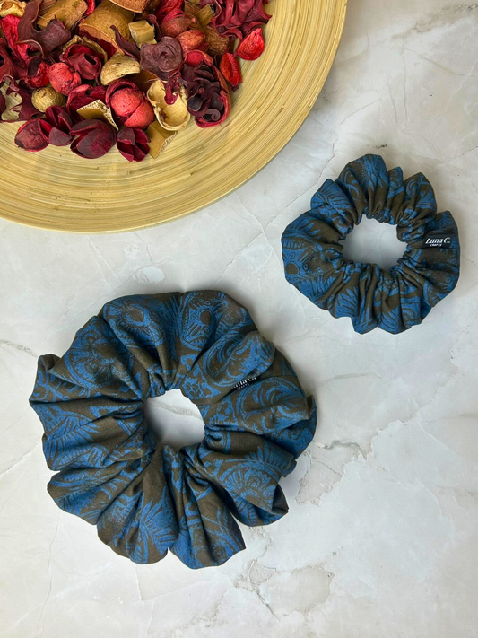 Blue and Brown Geometric Print Scrunchie