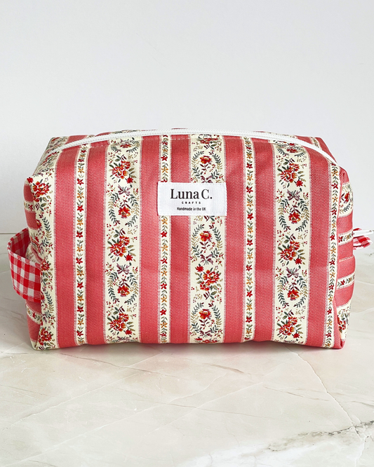 Coral Pink Vintage Floral Stripe Travel Makeup Bag — Premium Japanese Cotton