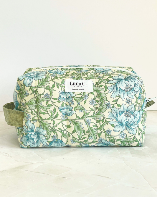 Green and Blue Floral Travel Makeup Bag – Premium Japanese Cotton