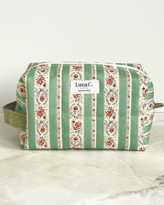 Sage Green and Cream Vintage Floral Stripe Travel Makeup Bag - Premium Japanese Cotton