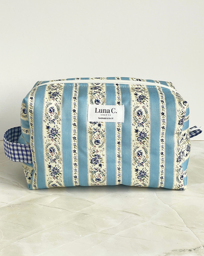 Sky Blue and Cream Vintage Floral Stripe Travel Makeup Bag - Premium Japanese Cotton