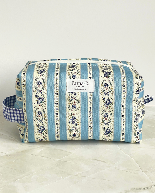 Sky Blue and Cream Vintage Floral Stripe Travel Makeup Bag - Premium Japanese Cotton
