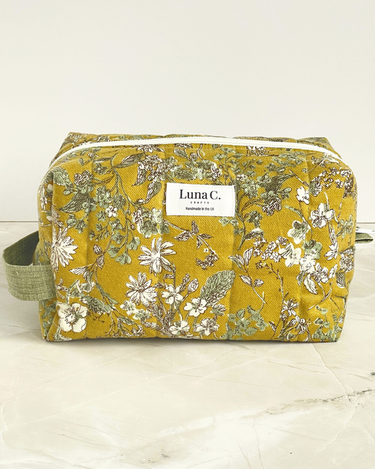 Mustard Yellow Wildflower Travel Makeup Bag - Premium Japanese Cotton