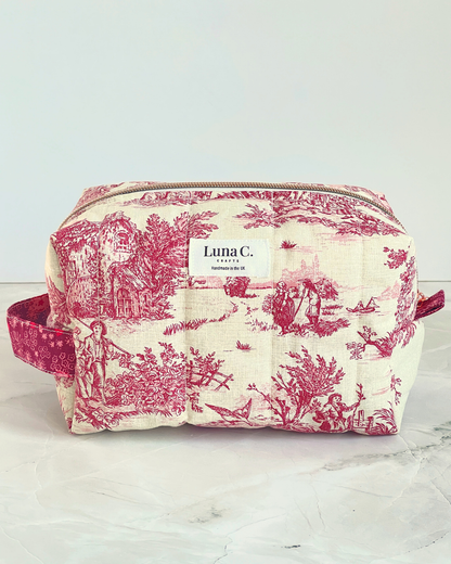 Red Toile de Jouy Travel Makeup Bag - Special Rose Gold Zipper - Handmade in England