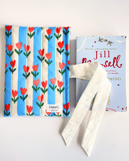 Blue Striped Book Sleeve with White Broderie Anglaise Ribbon Tie