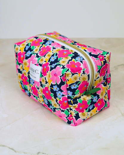 Blossom Pink Floral Quilted Makeup Bag - Large Size