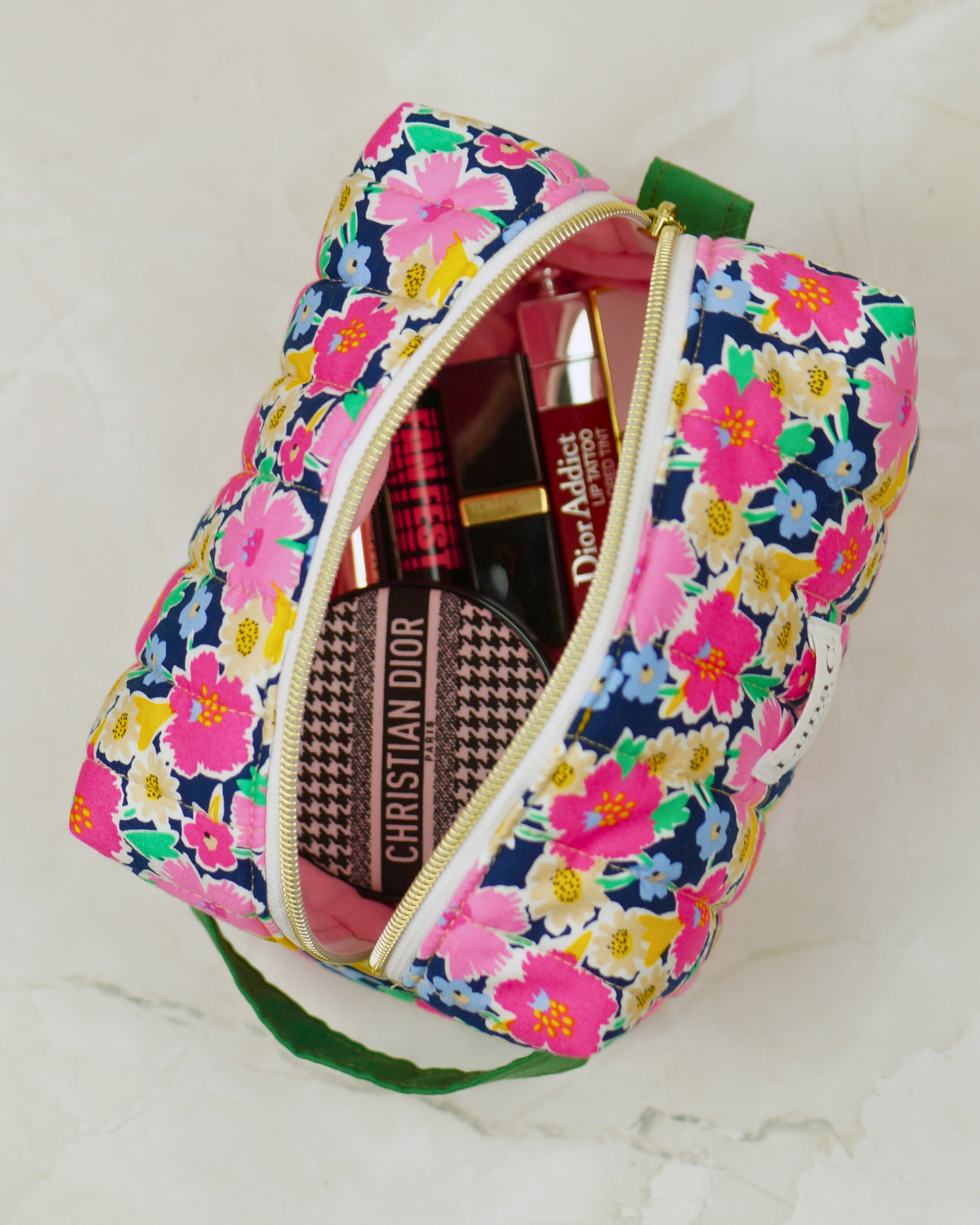 Blossom Pink Floral Quilted Makeup Bag - Large Size