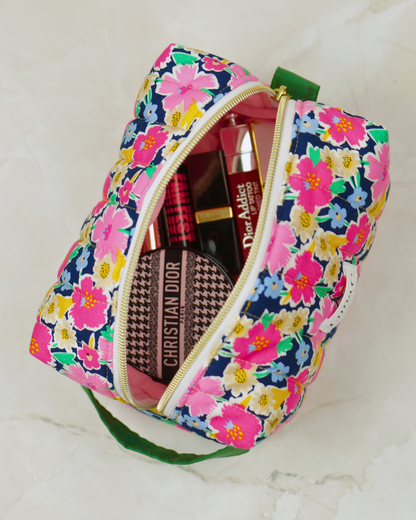 Blossom Pink Floral Quilted Makeup Bag - Large Size