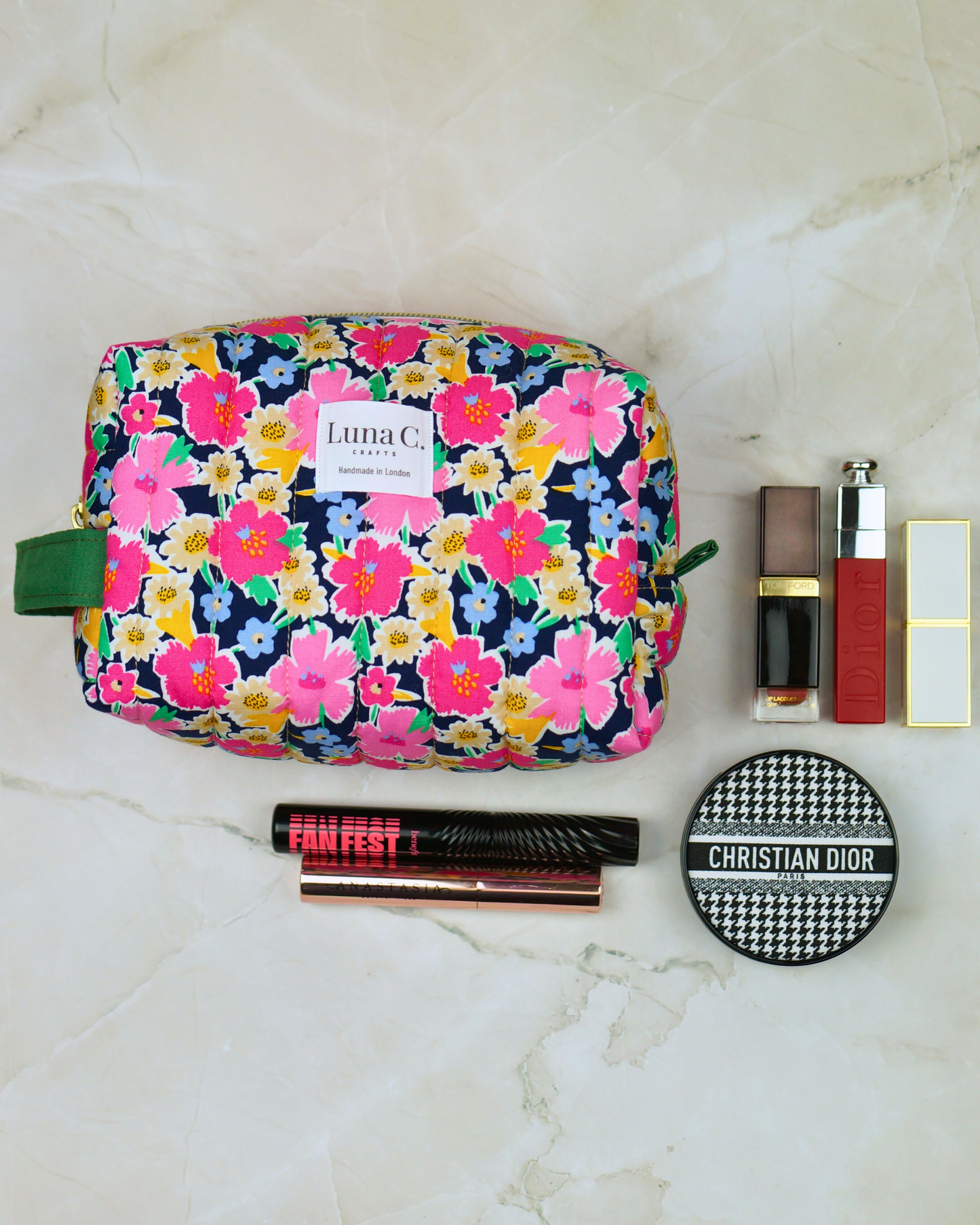 Blossom Pink Floral Quilted Makeup Bag - Large Size