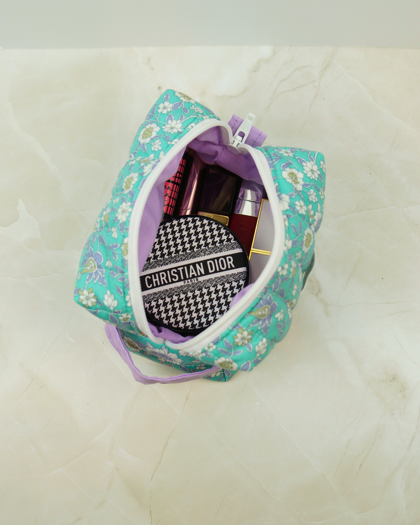 Eucalyptus Blue Floral Quilted Makeup Bag – Small Size