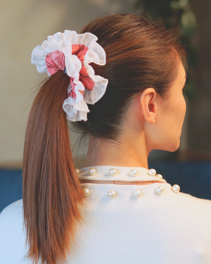 Red and White Plaid with White Ruffle Scrunchie