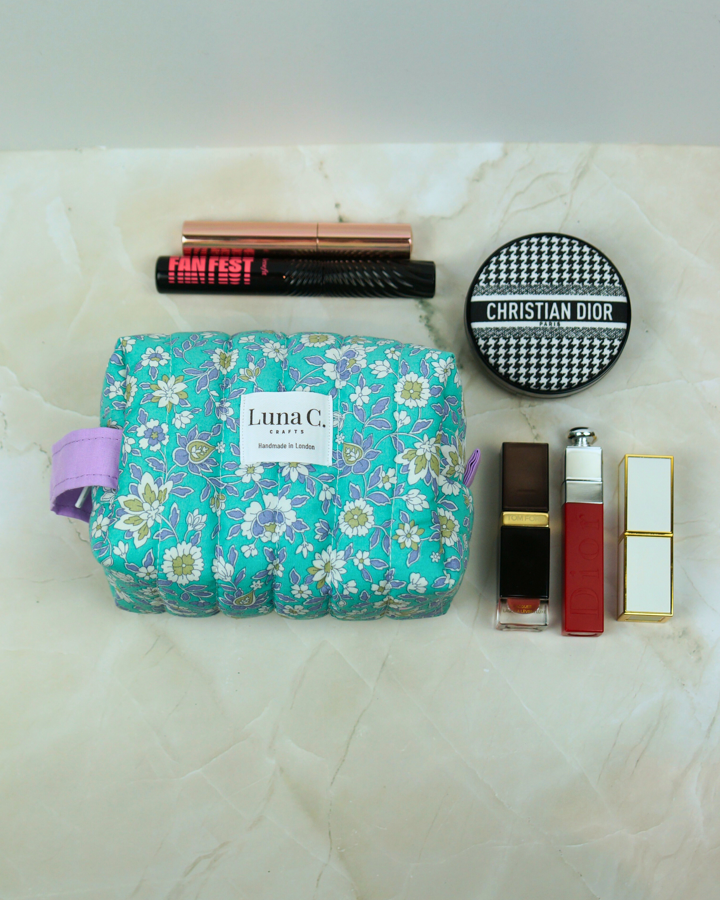 Eucalyptus Blue Floral Quilted Makeup Bag – Small Size