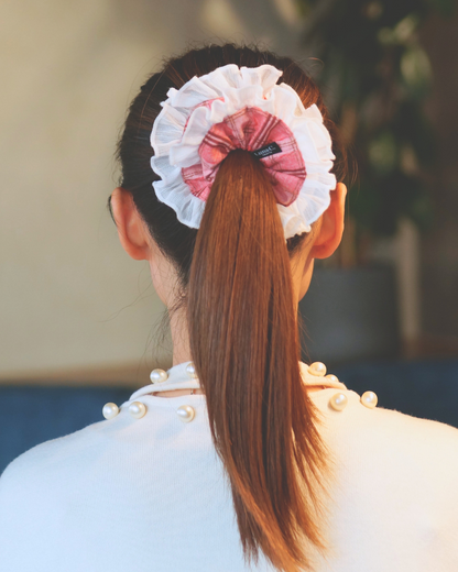 Red and White Plaid with White Ruffle Scrunchie