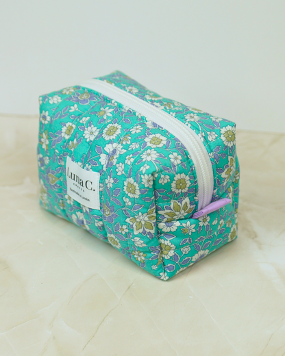 Eucalyptus Blue Floral Quilted Makeup Bag – Small Size