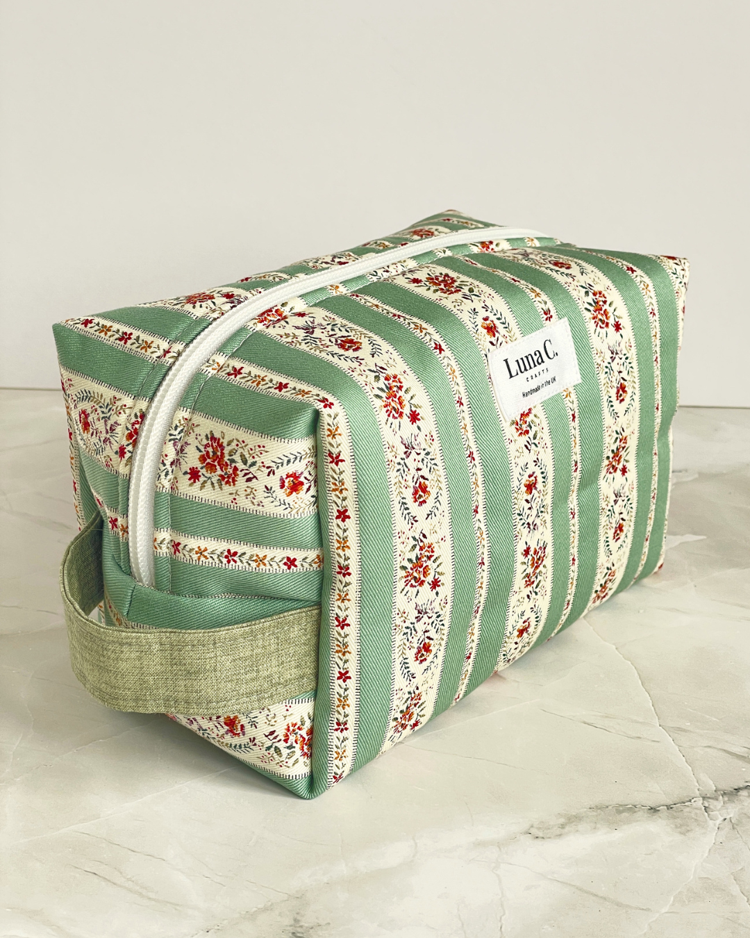 Sage Green and Cream Vintage Floral Stripe Travel Makeup Bag - Premium Japanese Cotton