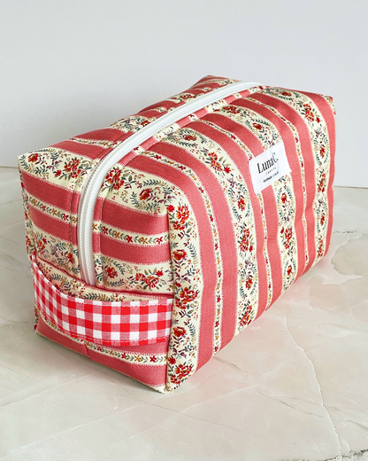 Coral Pink Vintage Floral Stripe Travel Makeup Bag — Premium Japanese Cotton — Handmade in England UK