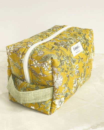 Mustard Yellow Wildflower Travel Makeup Bag - Premium Japanese Cotton