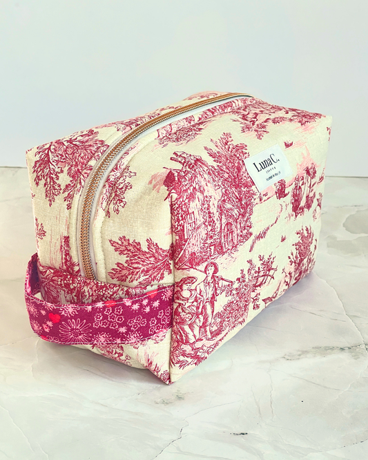 Red Toile de Jouy Travel Makeup Bag - Special Rose Gold Zipper - Handmade in England