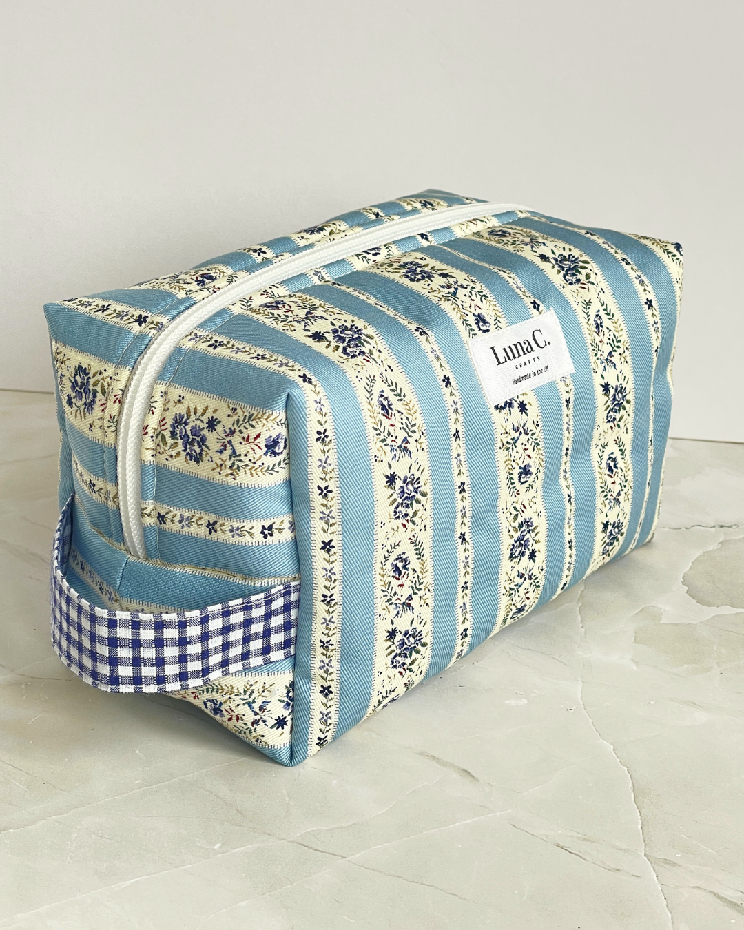 Sky Blue and Cream Vintage Floral Stripe Travel Makeup Bag - Premium Japanese Cotton
