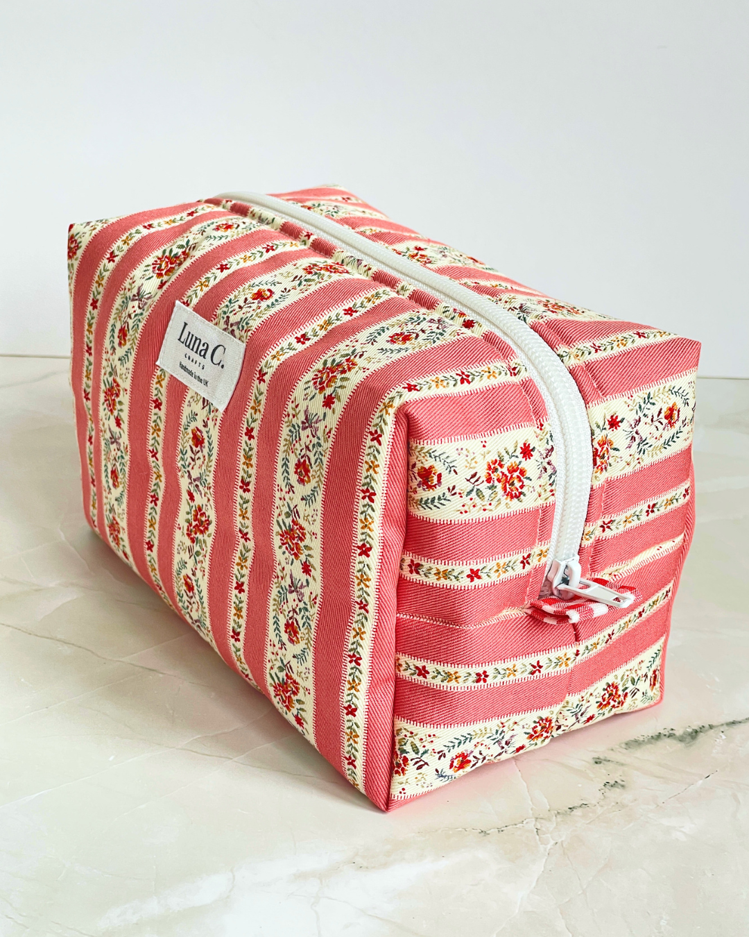 Coral Pink Vintage Floral Stripe Travel Makeup Bag — Premium Japanese Cotton — Handmade in England UK