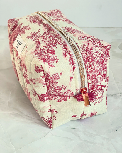 Red Toile de Jouy Travel Makeup Bag - Special Rose Gold Zipper - Handmade in England