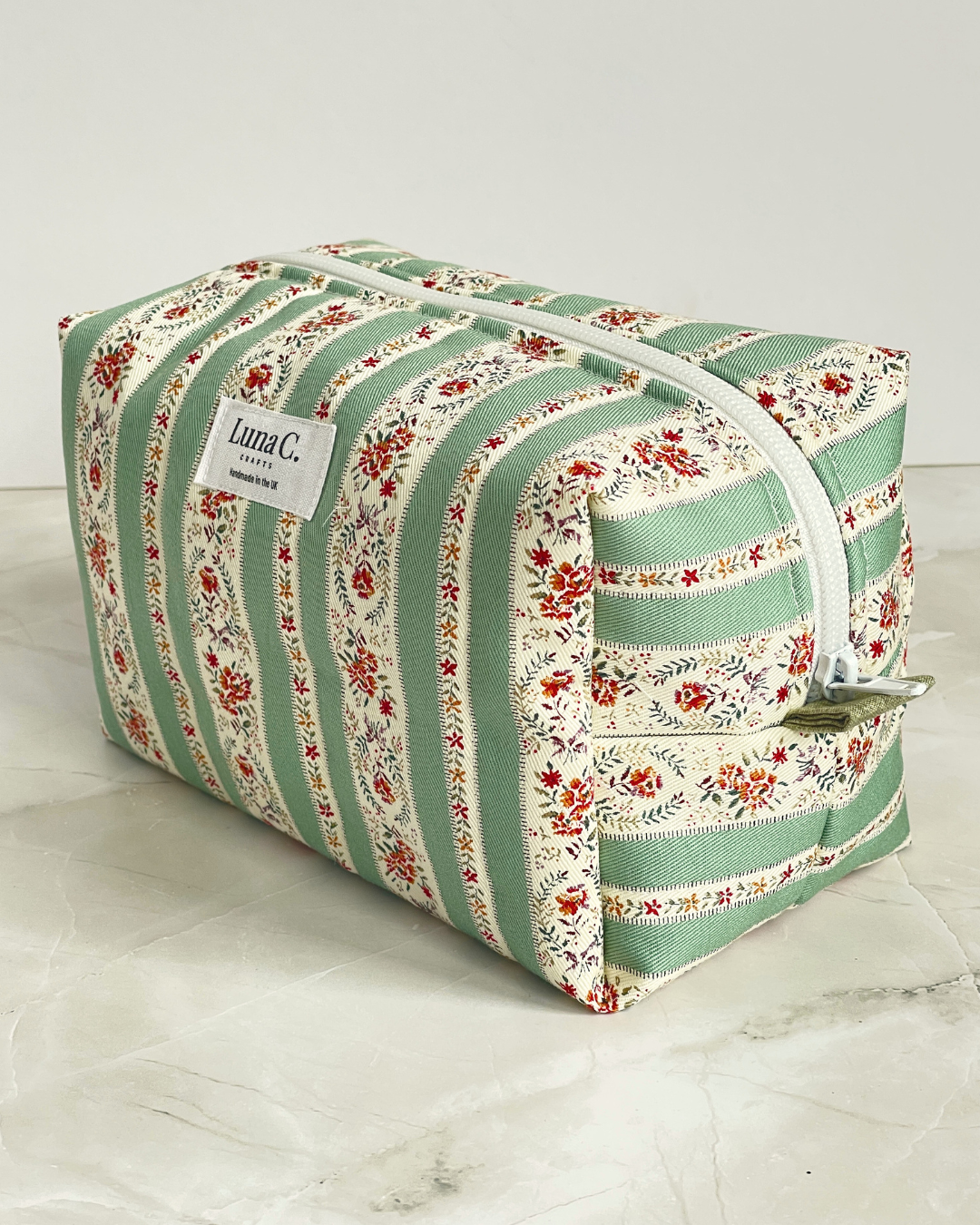 Sage Green and Cream Vintage Floral Stripe Travel Makeup Bag - Premium Japanese Cotton