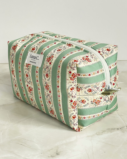 Sage Green and Cream Vintage Floral Stripe Travel Makeup Bag - Premium Japanese Cotton