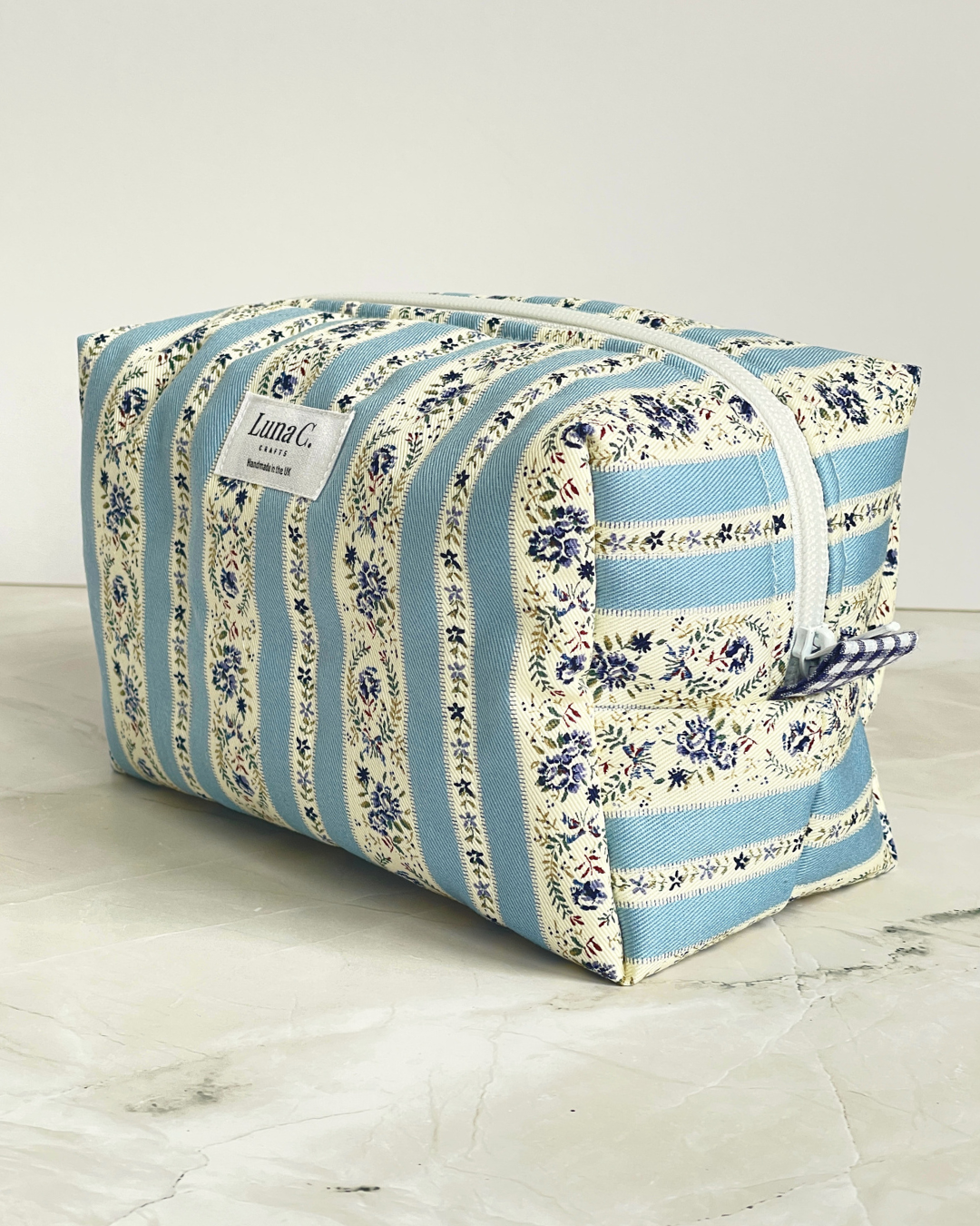 Sky Blue and Cream Vintage Floral Stripe Travel Makeup Bag - Premium Japanese Cotton