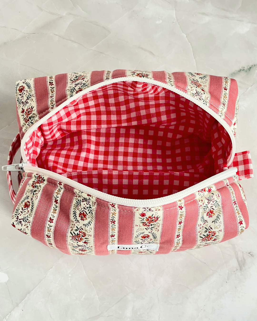 Coral Pink Vintage Floral Stripe Travel Makeup Bag — Premium Japanese Cotton — Handmade in England UK